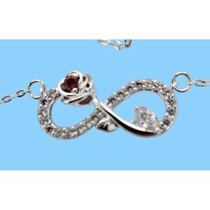 NWOT Silver Infinity Necklace with Red Gemstone & Crystals by Joyen